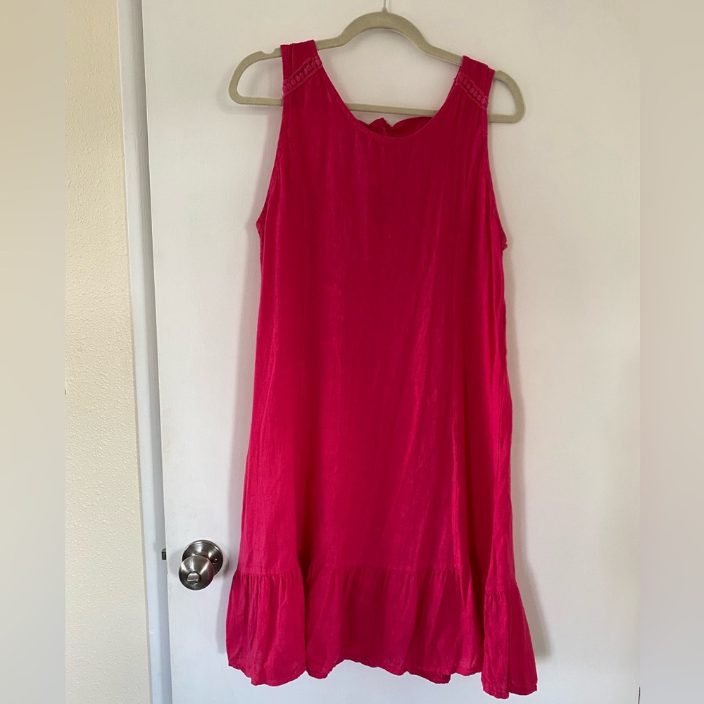 100% Italian Linen Bright Pink Sleeveless Tie-Back Midi Dress Medium